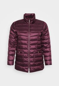 Burgundy puffer jacket with a stand collar, zip closure, horizontal quilted design, and two front pockets. Smooth, shiny fabric texture.
