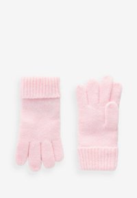 Rosa gestrickte Handschuhe mit gerippten Bündchen und einzelnen Fingerabschnitten. Die weiche Textur und das nahtlose Design erhöhen den Komfort und die Wärme.