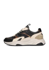 Sneakers with a mix of black leather, textured snake pattern, beige accents, and metallic bronze detailing. Chunky white sole.