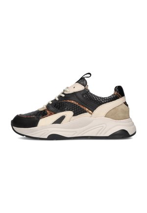 Sneakers with a mix of black leather, textured snake pattern, beige accents, and metallic bronze detailing. Chunky white sole.