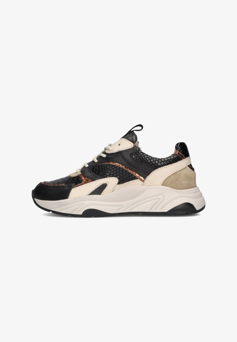Chunky sneaker with black and beige panels, textured black snakeskin pattern, copper accents, white sole, and beige laces.