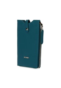 Teal leather wallet with a textured finish, featuring a zip closure, a snap button, and a metallic logo accent on the front.