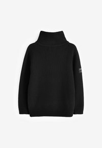 Maglione nero a coste con colletto alto, maniche lunghe e una toppa con logo sul braccio sinistro. Tessuto a maglia testurizzato.