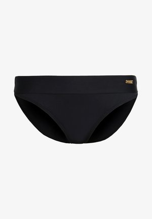 Zwarte bikini-slip met een gladde textuur, een laag uitgesneden ontwerp en minimale bedekking. Voorzien van een klein gouden logo-accent aan de zijkant.