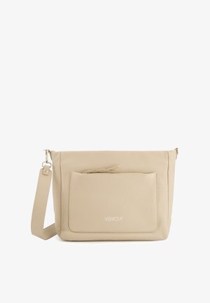 Sac à épaule en cuir beige avec une surface texturée, comportant une poche zippée à l'avant et une sangle réglable. Logo visible dans le coin inférieur.
