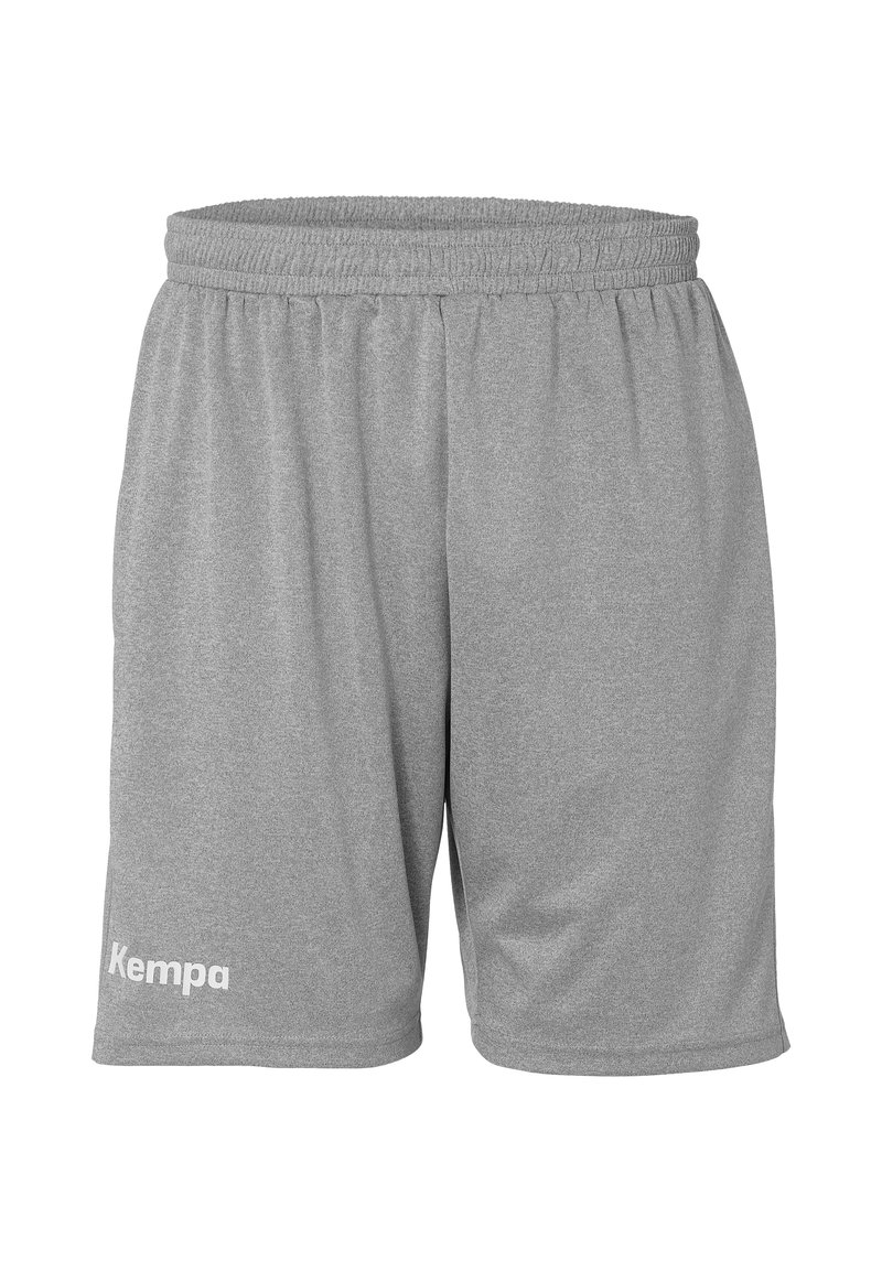 Grijze sportshorts met een elastische tailleband, gemaakt van lichtgewicht stof. Heeft een wit logo op het linkerpoot.
