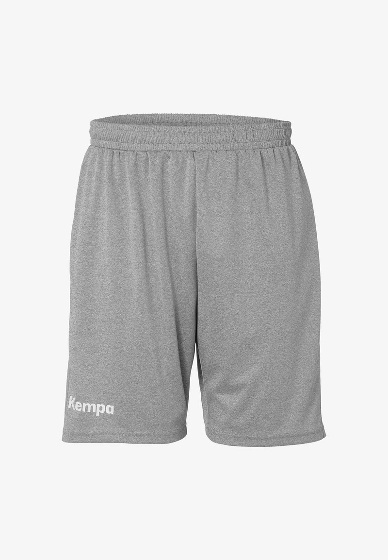 Graue Sportshorts mit elastischem Bund, aus leichtem Stoff gefertigt. Mit einem weißen Logo auf dem linken Bein.