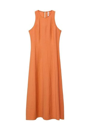 Robe sans manches orange avec une silhouette droite, fabriquée dans un tissu texturé, dotée d'un col rond et d'une fermeture éclair au dos.