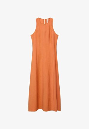 Oranžové bezramínkové šaty se střídmým siluetou, vyrobené z texturované tkaniny, s kulatým výstřihem a zadním zipem.