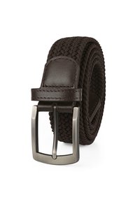 Cinturón elástico trenzado de color marrón oscuro con una correa de cuero suave y una hebilla de metal plateado, que presenta una forma rectangular y acentos cosidos.