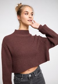 Brauner, gerippter Strick-Crop-Pullover mit hohem Kragen und langen Ärmeln, kombiniert mit dunklen, hoch taillierten Jeans. Glatte Textur, lässige Passform.