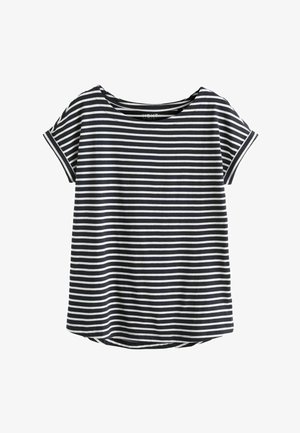 Pruhované tričko s kulatým výstřihem, krátkými rukávy a volným střihem. Obsahuje námořnické modré a bílé vodorovné pruhy. Měkká textilie.