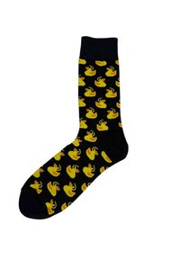 Sort strømpe med mønster af gentagne gule gummidukke-motiver i forskellige retninger.