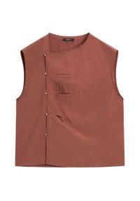 Brun linne ärmlös topp med en asymmetrisk halsringning, strukturerad form, knappstängning på sidan och en framficka.