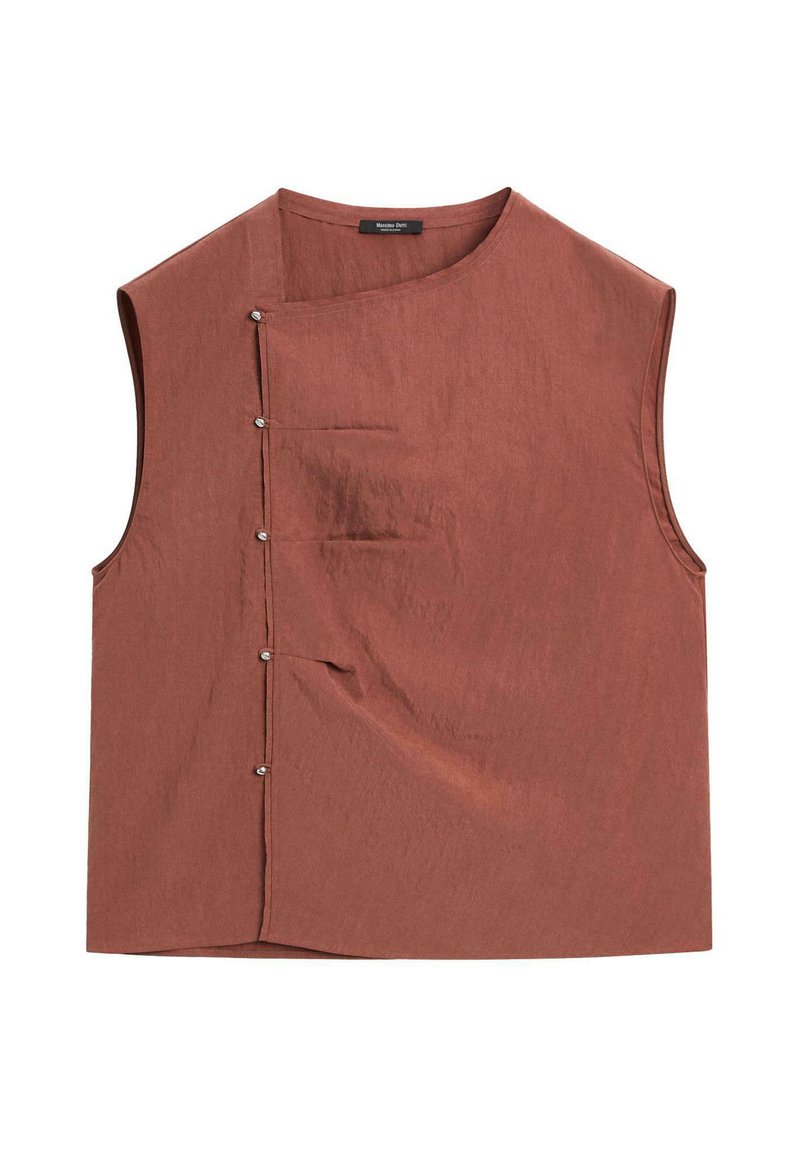 Brun linne ärmlös topp med en asymmetrisk halsringning, strukturerad form, knappstängning på sidan och en framficka.