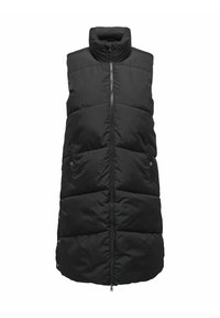 Svart ärmlös pufferväst med hög krage, framdragkedja och två sidofickor. Kviltad design med en mjuk textur.