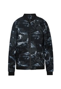 Zwarte bomberjack met abstracte grijze en witte patronen, ritssluiting, ribgebreide kraag, mouwen en zoom. Gemaakt van lichtgewicht stof.
