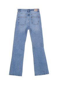 Jeans a palazzo di colore blu chiaro realizzati in denim. Presentano una vita strutturata, cinque tasche e dettagli di cucitura sul retro. Nessun ricamo.
