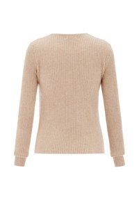 Beige ribbad långärmad tröja med rund hals, visad bakifrån.