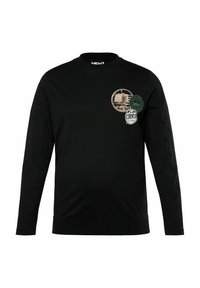 Schwarzes Sweatshirt mit langen Ärmeln, das runde Logo-Patches mit Grafiken für "New York" und "Miami" zeigt. Hergestellt aus weichem, atmungsaktivem Stoff.