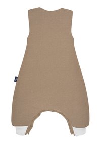 Gestreifter Jumpsuit mit ärmellosem Design, weißen Bündchenakzenten und lockerer Passform mit seitlichen Beinschlitzen. Weicher Stoff.