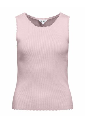 Ärmelloses, geripptes Stricktop in Hellrosa mit gewellten Kanten am Ausschnitt und Saum.
