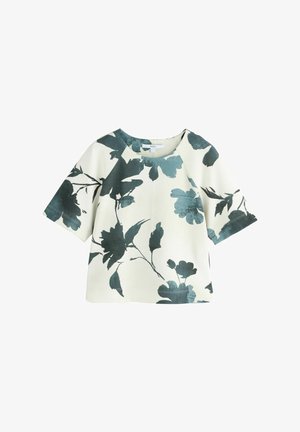 Blusenshirt mit Blumenprint und kurzen Ärmeln, das grüne und türkisfarbene Blätter auf einem sanften beigen Hintergrund zeigt. Lässiges Design mit rundem Ausschnitt.
