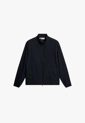 Czarna kurtka zapinana na zamek z wysokim kołnierzem, długimi rękawami, dwoma zapinanymi na zamek kieszeniami z przodu oraz małym logo na lewej piersi.