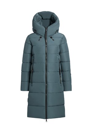 Teal gepolsterte Jacke mit hohem Kragen, Frontreißverschluss und zwei Seitentaschen. Merkmale sind horizontal gesteppten Abschnitte und eine verstellbare Kapuze mit Kordelzug.