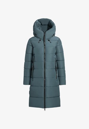 Niebieska kurtka ocieplana z wysokim kołnierzem, zamek błyskawiczny z przodu i dwoma bocznymi kieszeniami. Posiada poziome pikowane sekcje oraz regulowany kaptur ze sznurkiem.