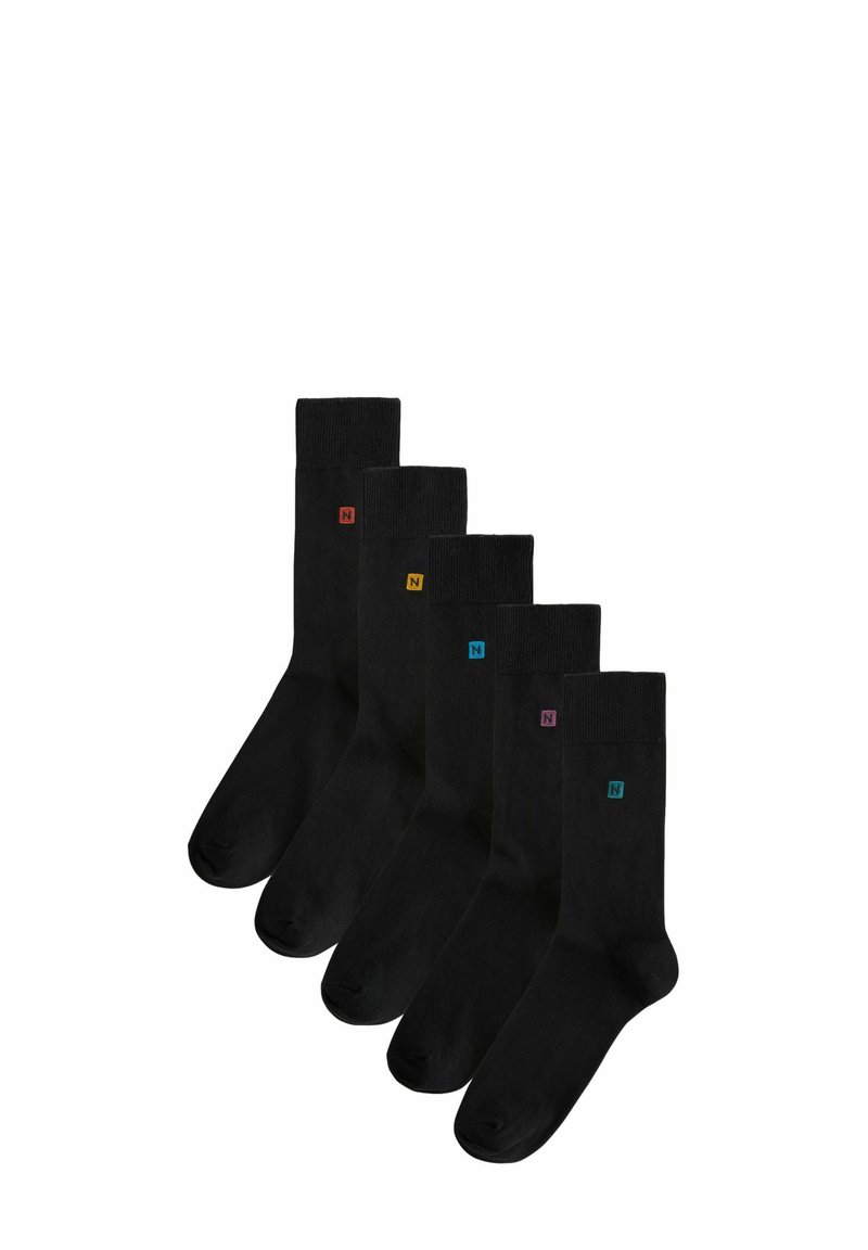 Sæt af fem sorte bomuldsstrømper med ribbede manchetter og små farvede logoer på hver: røde, gule, blå, grønne og lilla accenter.