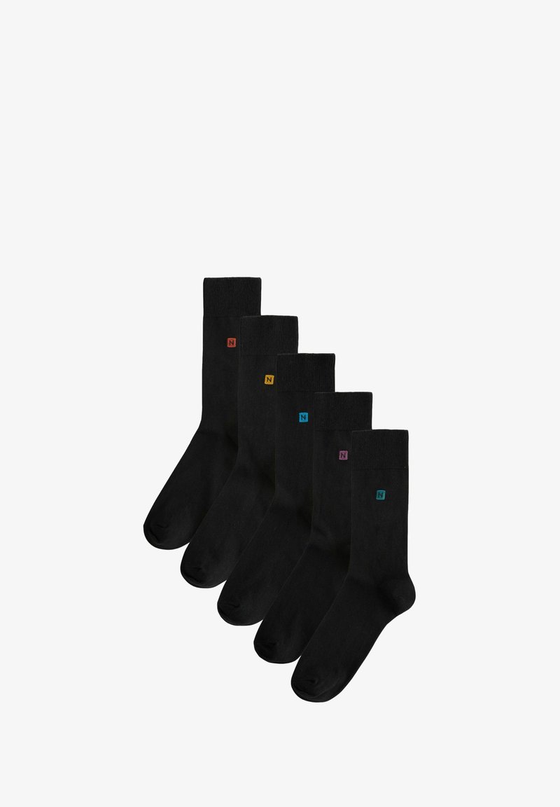 Sæt af fem sorte bomuldsstrømper med ribbede manchetter og små farvede logoer på hver: røde, gule, blå, grønne og lilla accenter.