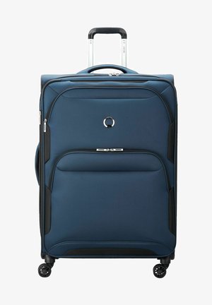 Valigia rigida blu navy realizzata in tessuto resistente, dotata di maniglia retrattile, tasca frontale e quattro ruote girevoli per una maggiore mobilità.