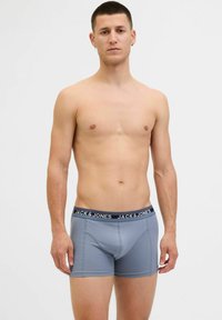 Szürke boxeralsó, puha anyagból készült, tengerészkék elasztikus derékpánttal, rajta a "JACK & JONES" logóval. Combközép hosszúságú, szoros illeszkedéssel.