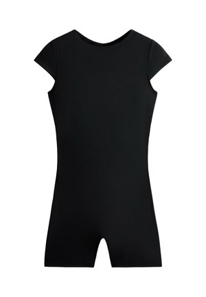 Body une pièce noir à manches courtes, col rond et short ajusté, présenté sur fond blanc.