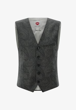 Grau gemustertes Weste mit Paisleymuster, fünf schwarzen Knöpfen, scharfem V-Ausschnitt und einer einzigen Brusttasche. Glattes Material mit satiniertem Gefühl.