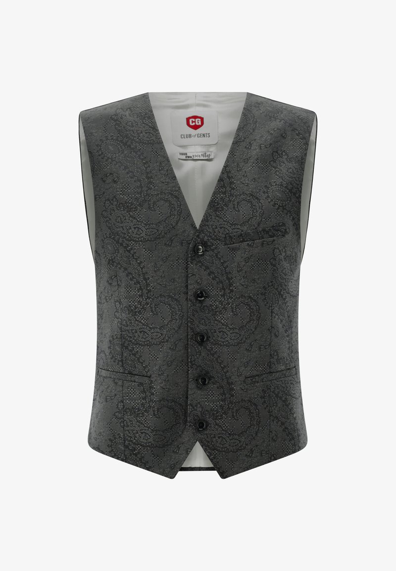 Grau gemustertes Weste mit Paisleymuster, fünf schwarzen Knöpfen, scharfem V-Ausschnitt und einer einzigen Brusttasche. Glattes Material mit satiniertem Gefühl.