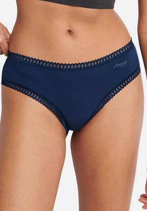 Marineblauwe katoen slipjes met een gegolfde kanten rand aan de taille en benen, met een klein logo aan de zijkant en een gladde textuur.