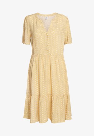Žluté krátké šaty s krátkým rukávem, véčkovým výstřihem, zapínáním na knoflíky vpředu a geometrickým vzorem, s nařaseným pasem a vrstvenou sukní.