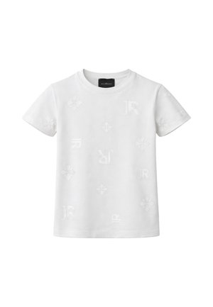 T-shirt bianca a maniche corte con sottili motivi floreali in rilievo e con decorazioni "JR" distribuite uniformemente su davanti e maniche.