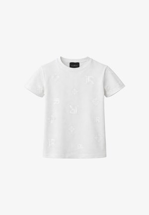 T-shirt bianca a maniche corte con sottili motivi floreali in rilievo e con decorazioni "JR" distribuite uniformemente su davanti e maniche.