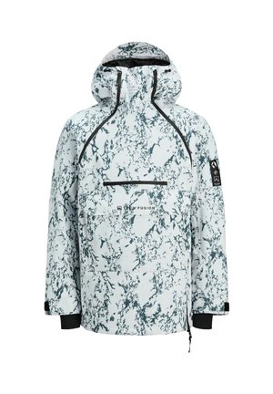 Vit och grå marmorering på huva vinterjacka med framficka med dragkedja, svarta muddar och TECH FUSION-logotyp på bröstet och ärmmärket.