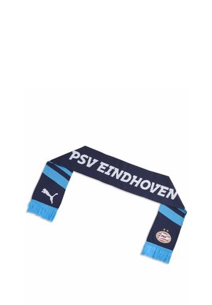 Mørkeblå og lyseblå PSV Eindhoven halstørklæde med holdnavn, Puma-logo og klubmærke i hver ende med blå frynser.