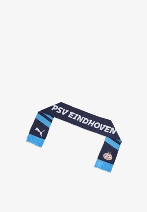 Ciemnoniebieski i jasnoniebieski szalik PSV Eindhoven z nazwą drużyny, logo Puma i herbem klubu na obu końcach z niebieskimi frędzlami.