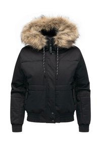 Veste d'hiver noire rembourrée avec une grande capuche bordée de fourrure, fermeture éclair à l'avant, boutons-pression, poches zippées et poignets et taille élastiques.