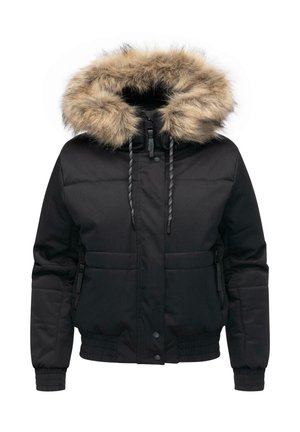 Zwarte gewatteerde winterjas met een grote capuchon met bontafwerking, een rits aan de voorkant, drukknoopsluitingen, ritszakken en elastische manchetten en tailleband.