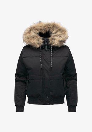 Schwarze gepolsterte Winterjacke mit einer großen Kapuze mit Fellbesatz, Frontreißverschluss, Druckknöpfen, mit Reißverschluss versehenen Taschen sowie elastischen Bündchen und Taillenbund.