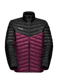 Czarna i bordowa pikowana kurtka z wysokim kołnierzem, przeszyciami w kształcie jodełki oraz zamkiem błyskawicznym, z logo na lewej piersi.