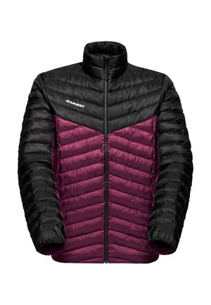 Svart och vinröd vadderad jacka med hög krage, sicksack-sömmar och dragkedja, med en logotyp på v�änster bröst.