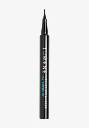 Musta vedenpitävä intensiivinen silmänrajauskynä, jossa on ohut tuppehtava kärkiosiö, ja sen rungossa lukee "LUMENE INTENSE EYE MARKER WATERPROOF".